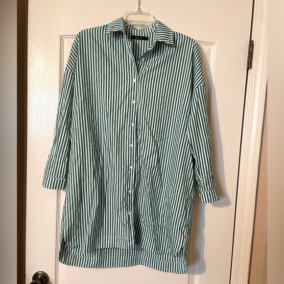 Deluc Solar Dress Green Stripe Long Sleeve  Mini Button Up Oversized Size XS - Picture 3 of 10